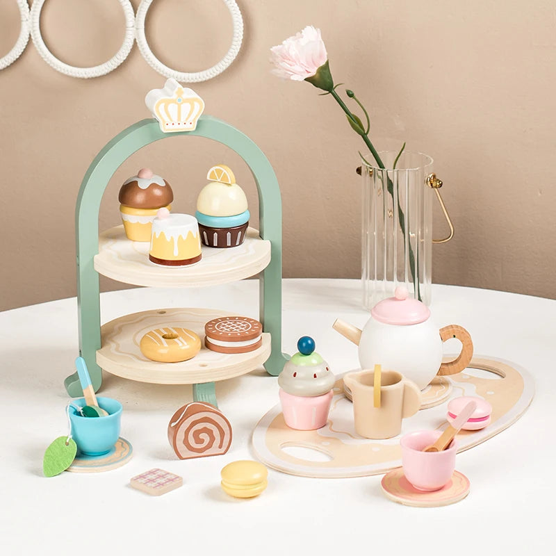 Wooden Cake Stand and Tea Tray Set
